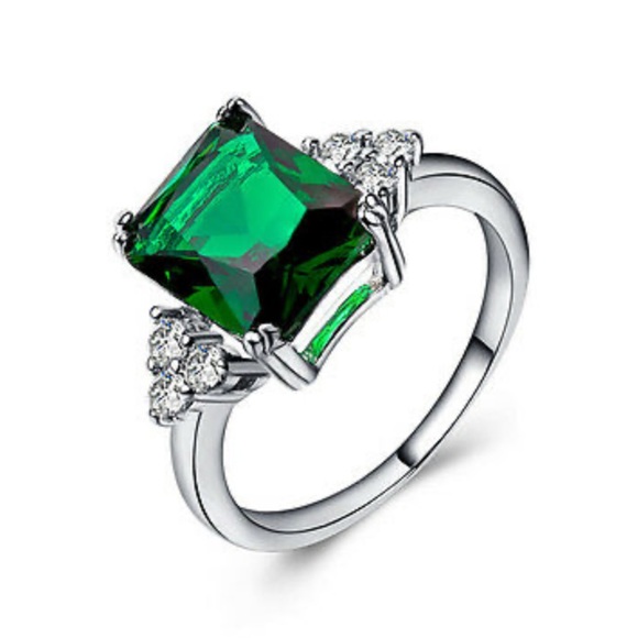 NEW 925 Silver Princess Cut Emerald Ring Size 6-10 - Picture 2 of 5